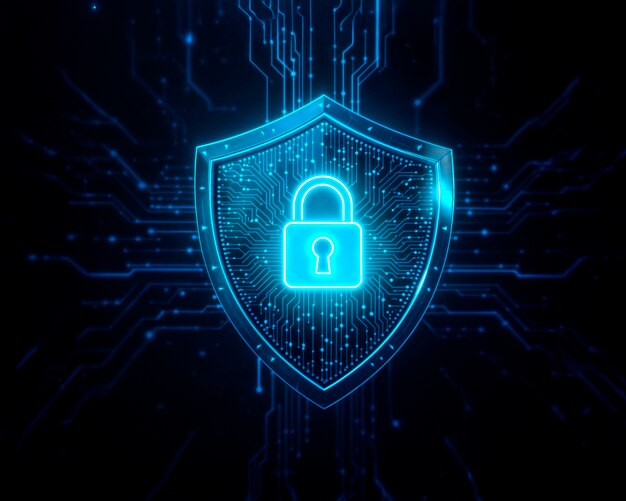 Cybersecurity shield with padlock