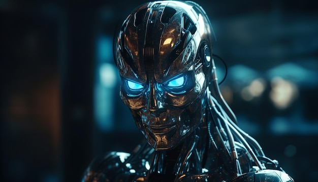 Cyborg futurista sonríe malvadamente en la espeluznante oscuridad generada por IA