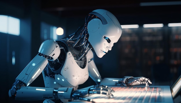 Cyborg de pie supervisa el progreso de fabricación de brazos robóticos generado por IA