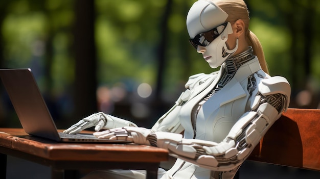 Foto gratuita cyborg trabaja en una computadora portátil en el parque trabajo freelancing e integración de un robot humanoide