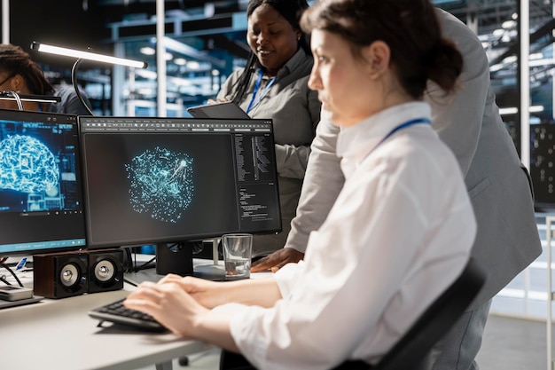 Data center team of programmers using artificial intelligence