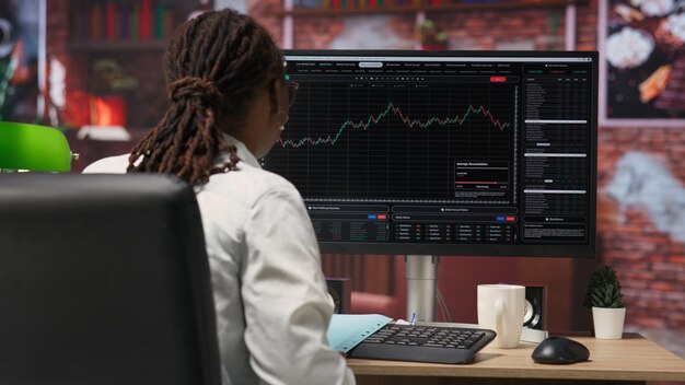 Day trader que utiliza el PC para vender acciones con el objetivo de capitalizar las tendencias del mercado