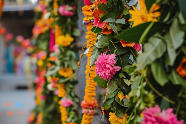 Decoración floral muy detallada de Navratri.