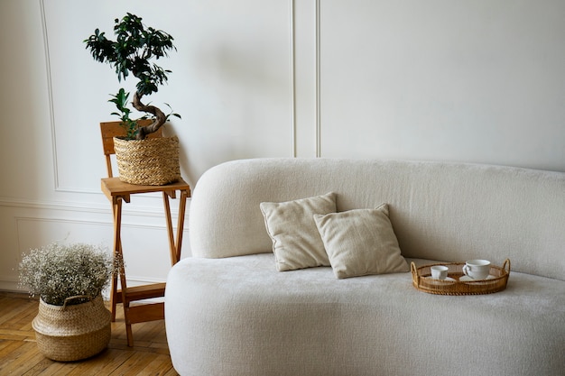 Decoración de la habitación con macetas y sofá.