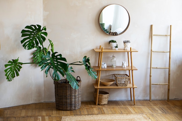 Decoración de la habitación con planta de mostera y estante de madera.