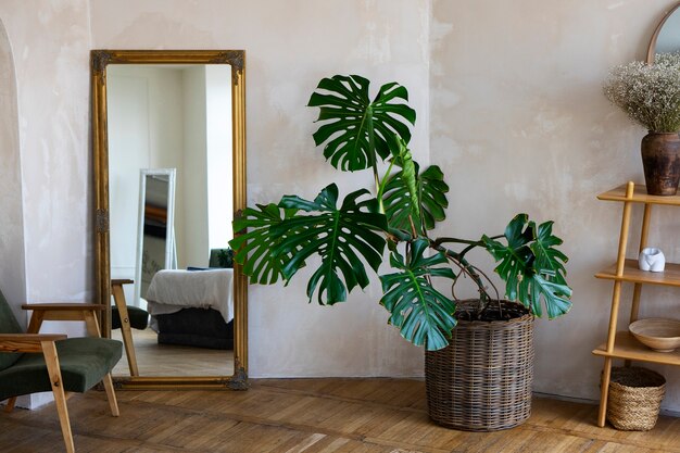 Decoración de la habitación con planta de mostera y estante de madera.