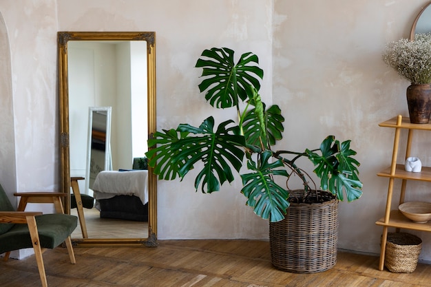 Decoración de la habitación con planta de mostera y estante de madera.