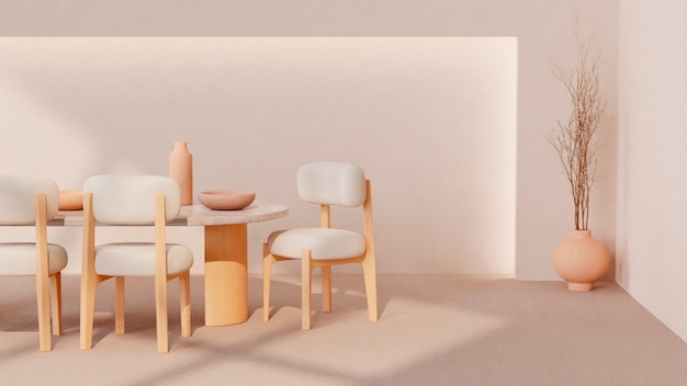 Decoración de habitaciones en 3D con muebles en tonos beige minimalistas.
