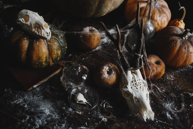 Decoracion de halloween Calabazas viejas, granadas, manzanas.