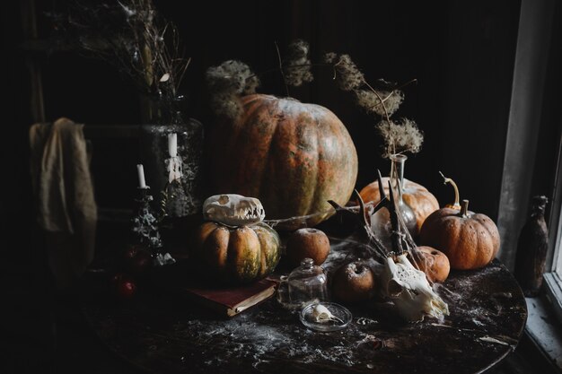 Decoracion de halloween Fondo de pantalla de 4k. Calabazas viejas, granadas, manzanas.