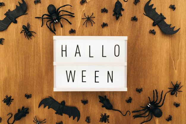 Decoración de halloween con signo e insectos