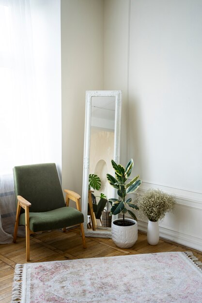 Decoración interior con espejo y planta en olla