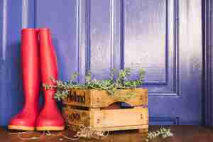 Foto gratuita decoración de jardinería con botas de agua y caja de madera