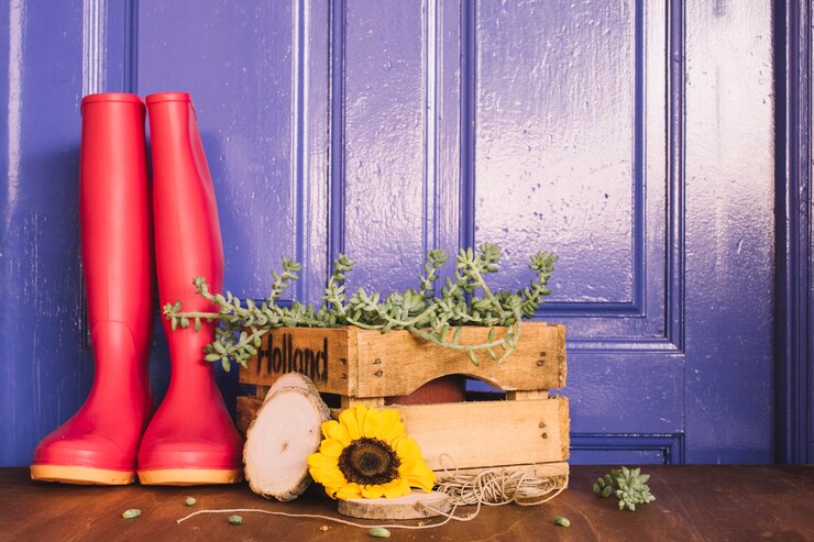 Foto gratuito decoración de jardinería con botas de agua rojas
