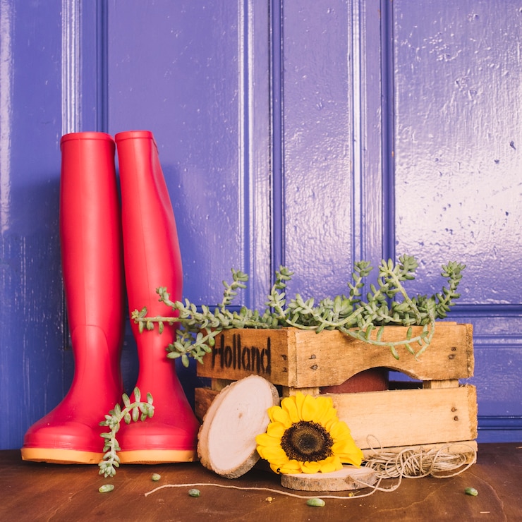Foto gratuito decoración de jardinería con botas de agua