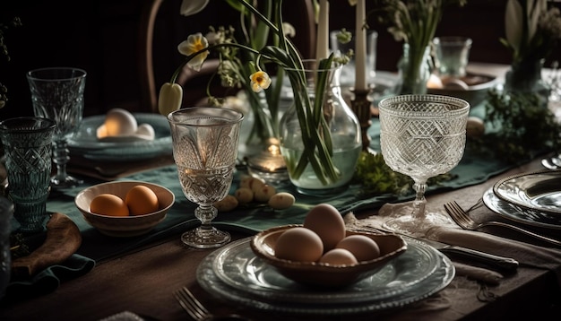 Decoración de mesa rústica con arreglo de naturaleza fresca generado por IA