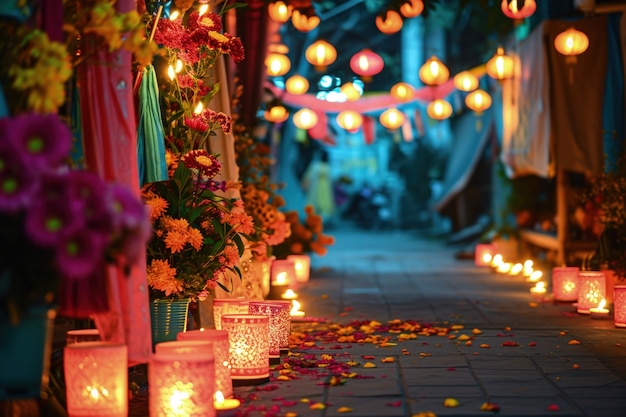 Decoración Navratri con velas.