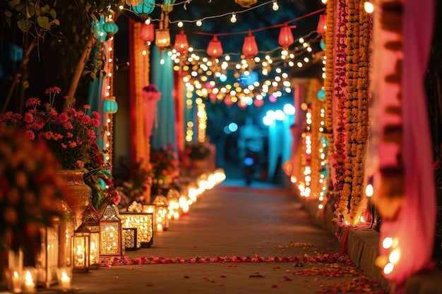 Decoración Navratri con velas.