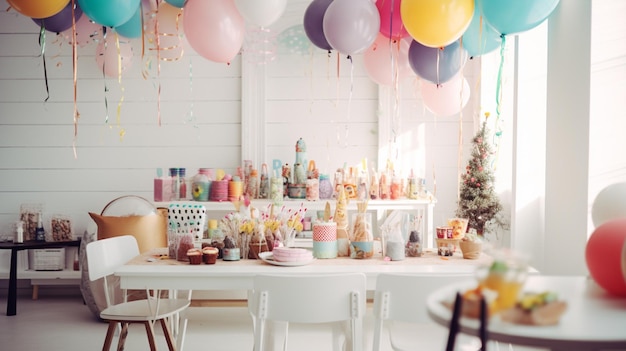 Decoraciones de fiesta en una acogedora habitación blanca.