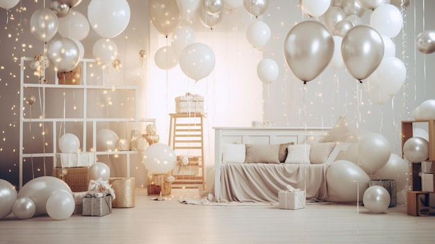 Foto gratuita decoraciones de fiesta en una acogedora habitación blanca.