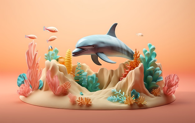 Delfín en 3D con plantas