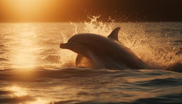Delfín juguetón saltando en el rocío del atardecer generado por IA
