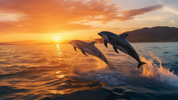 Delfín saltando sobre el agua al atardecer