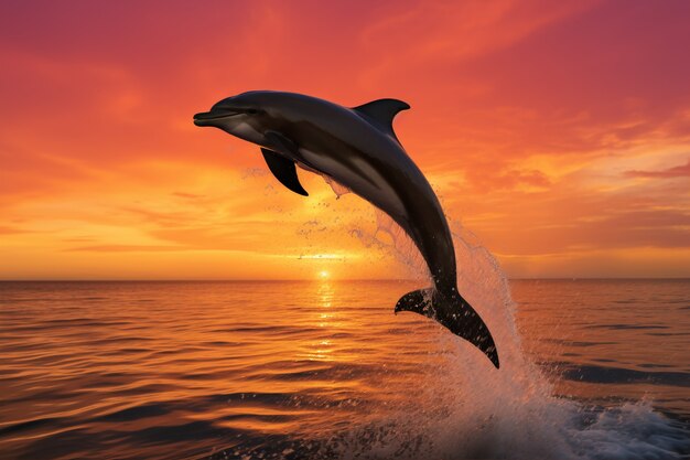 Delfín saltando sobre el agua al atardecer