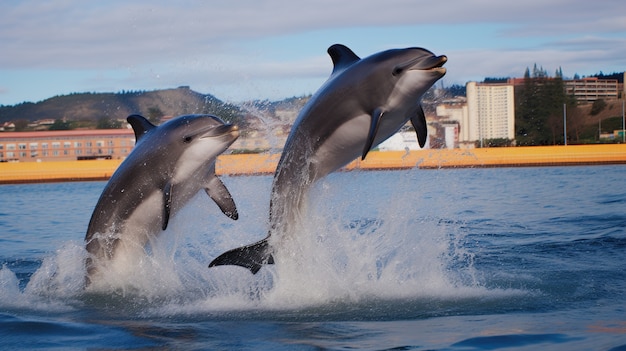 Foto gratuita delfines saltando fuera del agua.