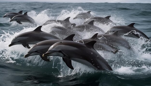 Los delfines salvajes saltan y juegan en la belleza acuática natural generada por IA