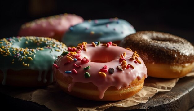 Delicia tentadora de donas de chocolate en la mesa generada por IA