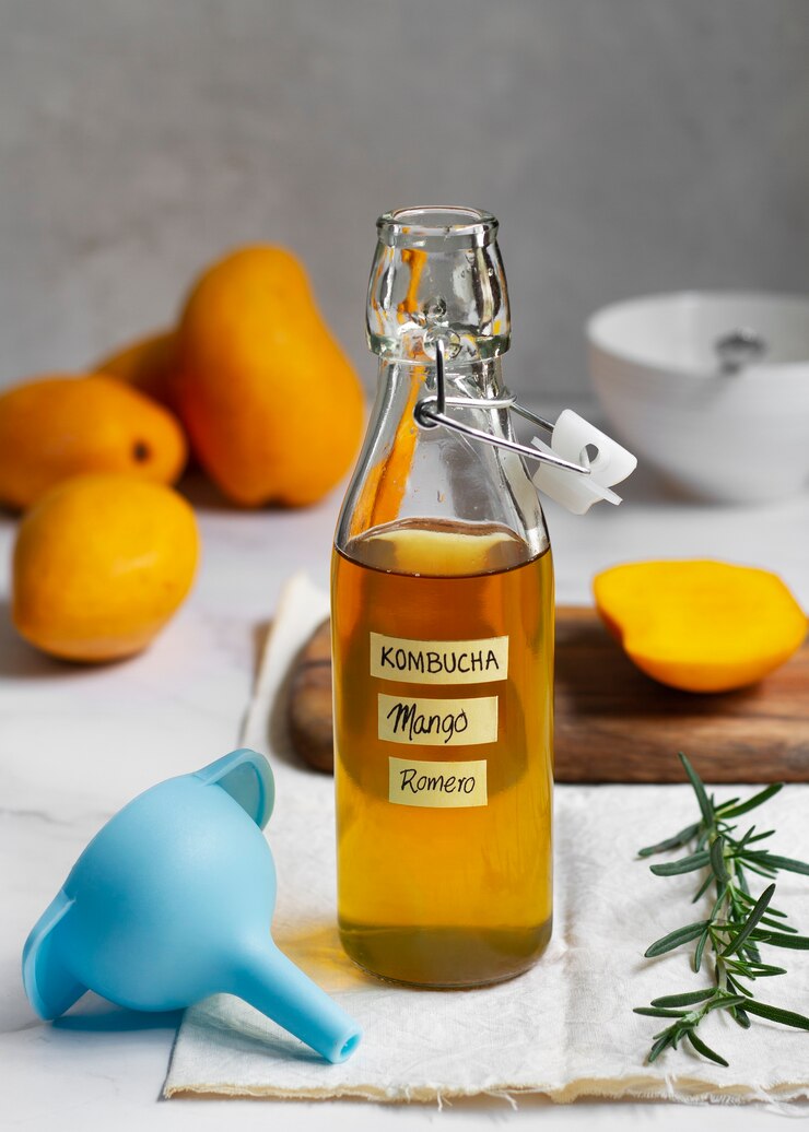 Foto gratuito deliciosa botella de kombucha de mango bodegón