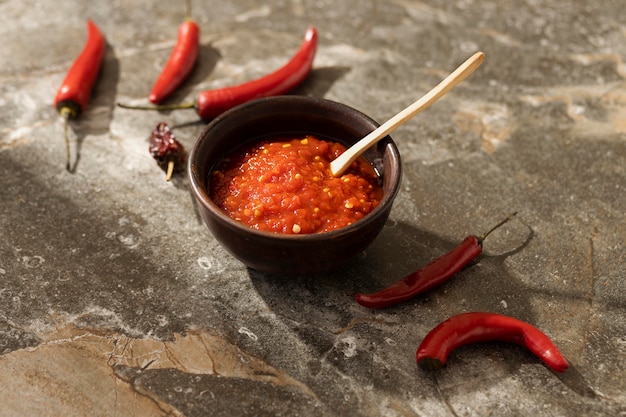 Foto gratuita deliciosa comida con arreglo de sambal.