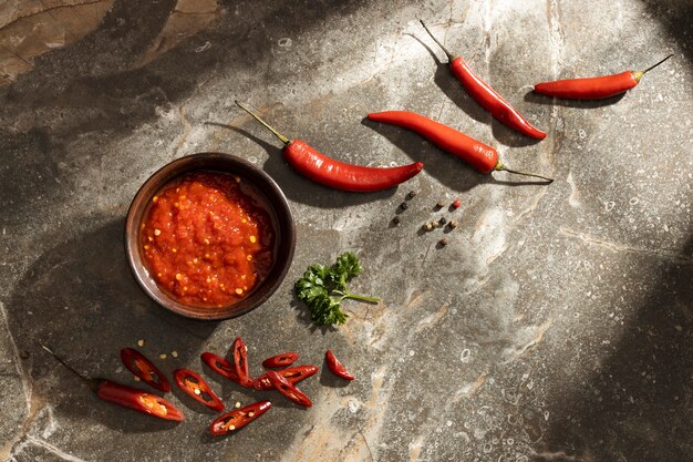 Deliciosa comida con arreglo de sambal.