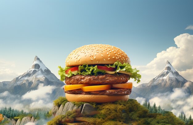 Deliciosa hamburguesa 3d con paisajes montañosos.