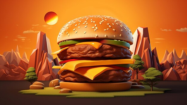 Deliciosa hamburguesa 3d con paisajes montañosos.