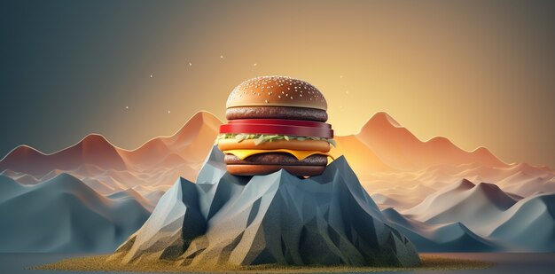 Deliciosa hamburguesa 3d con paisajes montañosos.