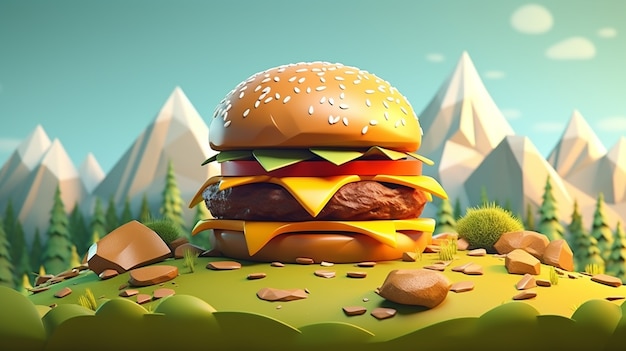 Deliciosa hamburguesa 3d con paisajes montañosos.