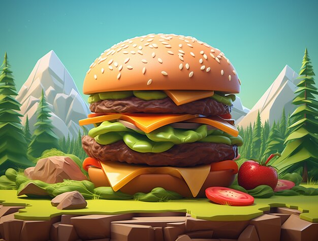 Deliciosa hamburguesa 3d con paisajes montañosos.