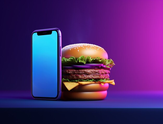 Deliciosa hamburguesa 3d con smartphone moderno