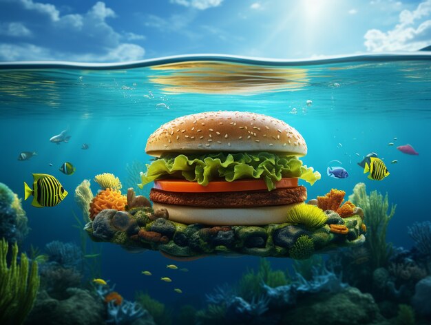 Deliciosa hamburguesa bajo el agua