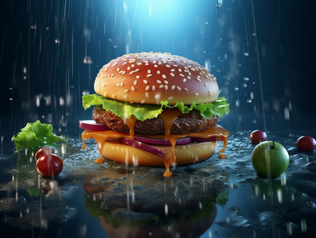 Foto gratuita deliciosa hamburguesa con lluvia