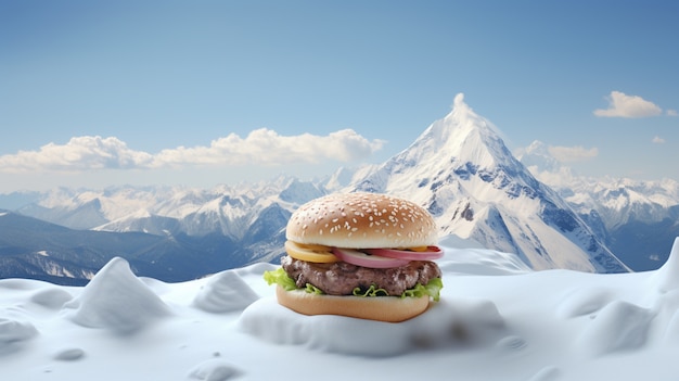 Foto gratuita deliciosa hamburguesa con montañas