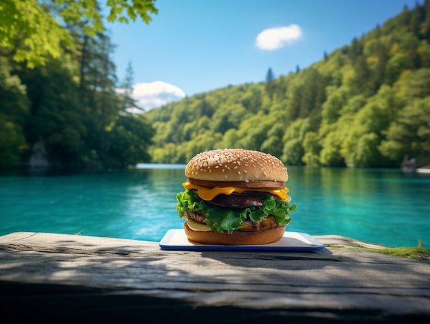 Deliciosa hamburguesa en la naturaleza