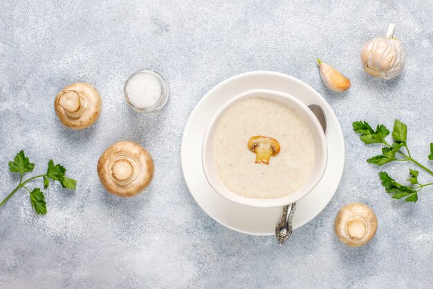 Deliciosa sopa de crema de champiñones casera, vista superior