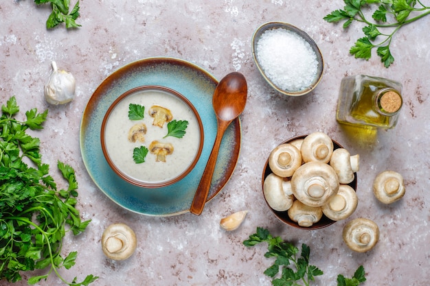 Deliciosa sopa de crema de champiñones casera, vista superior