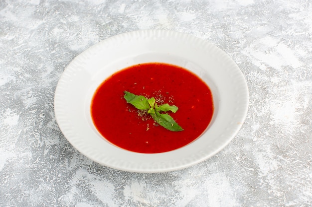 Foto gratuita deliciosa sopa de tomate con condimentos en gris, cena de sopa de verduras