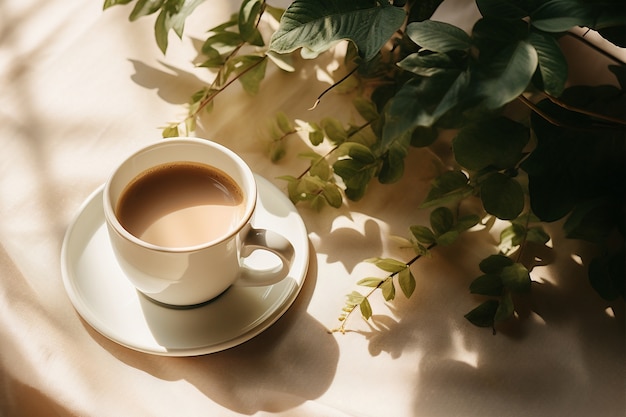 Foto gratuita deliciosa taza de café con plantas