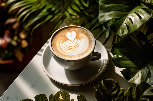 Foto gratuita deliciosa taza de café con plantas