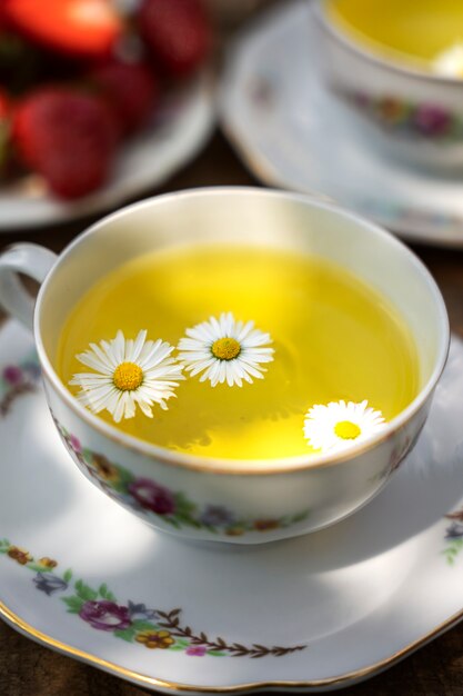 Deliciosa taza de té de alto ángulo con plantas